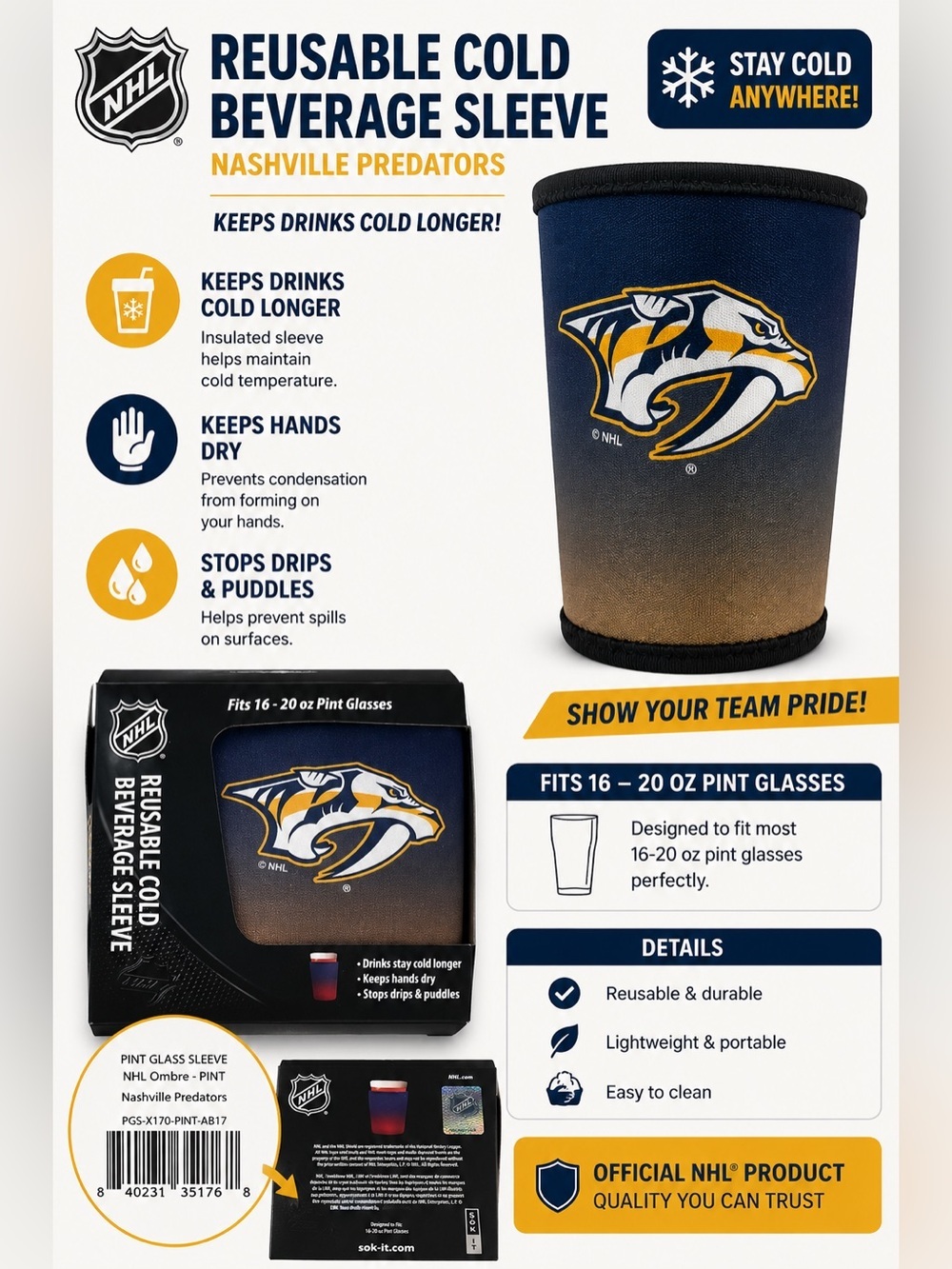 NHL Nashville Predators Reusable Cold Beverage Sleeve - Navy & Yellow coozie